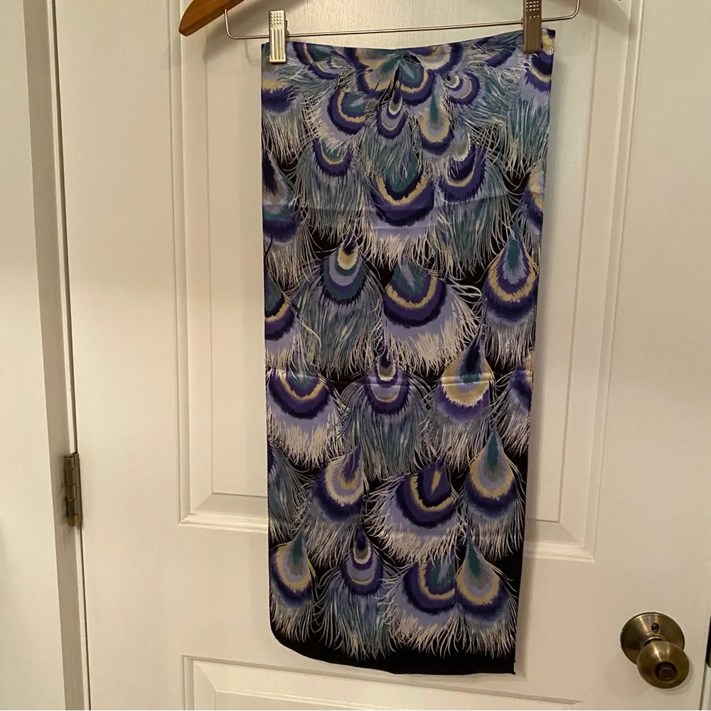BROOKS BROTHERS SCARF BLACK BLUE WHITE SILK PREPPY PEACOCK FEATHER PATTERN